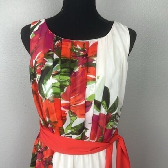 Eliza J Tropical Floral Maxi Gown Chiffon Pleated Sleeveless Dress Cream Red 10 - Picture 2 of 11